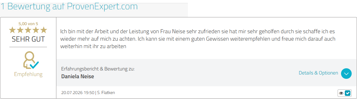 ProvenExpert-Bewertung von S. Flatken mit 5 von 5 Sternen für Daniela Neise